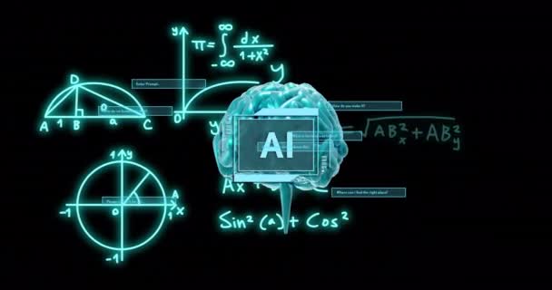 Aiテキスト 人間の脳 数学的なデータ処理のアニメーション グローバル人工知能 コンピューティング データ処理コンセプトデジタル生成ビデオ — ストック動画