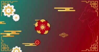 Yeşilden kırmızı arka plana Çin desenli animasyon. Çin yeni yılı, gelenek ve kutlama konsepti dijital olarak oluşturuldu.