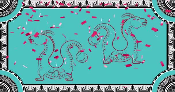 Animatie Van Drakenborden Chinees Patroon Blauwe Achtergrond Chinees Nieuwjaar Traditie — Stockvideo