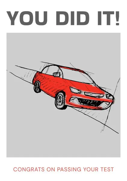 You did it, congrats on passing your test text on white, with red car on grey background. Car, driving, driving test, celebration and congratulations card design, digitally generated image.
