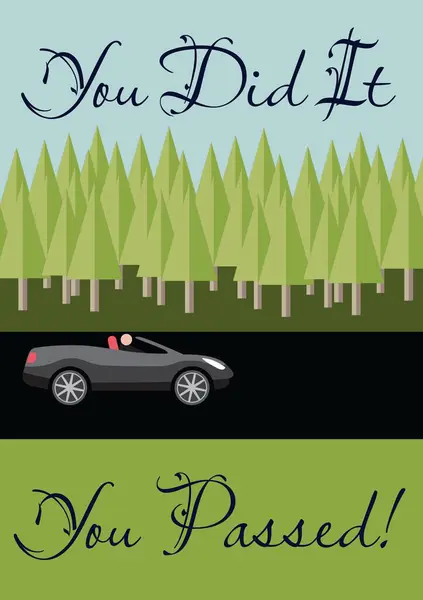 You did it, you passed text over black car driving on forest road with blue sky. Car, passing driving test, celebration and congratulations card design, digitally generated image.