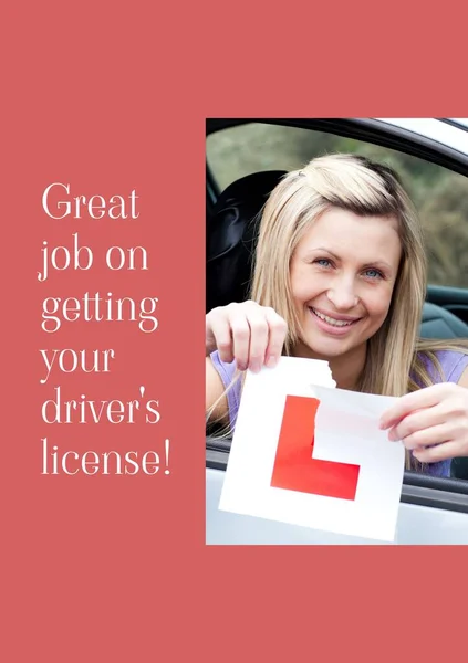 Great job on getting your driving license text over happy caucasian woman in car tearing l plate. Car, driving test, celebration and congratulations card design, digitally generated image.