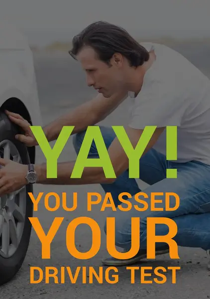 グリーンとオレンジの運転テストに 車のホイールを調べた 自動車 運転テスト お祝い お祝いのカードデザイン デジタル生成された画像 — ストック写真