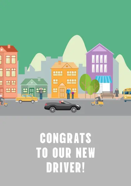Congrats to our new driver text on grey over colourful street with buildings and vehicles on road. Car, driving, driving test, celebration and congratulations card design, digitally generated image.