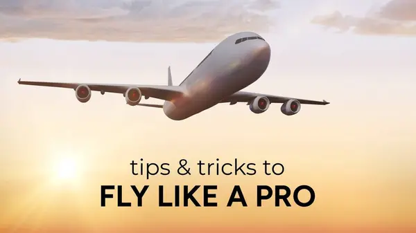 Tips and tricks to fly like a pro text with jet plane flying in sunset sky. Travel, vacations and lifestyle advice guide, digitally generated image.