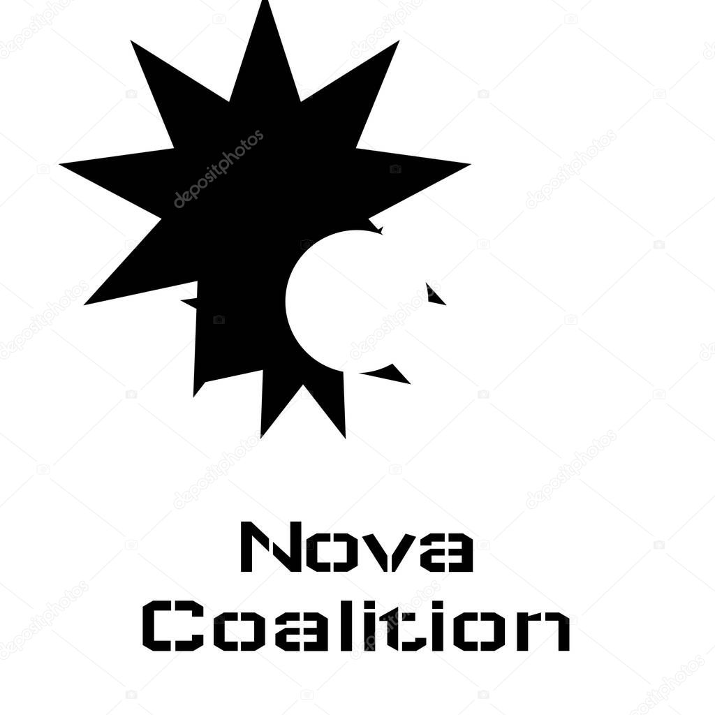 Nova coalition text in black with two black stars and white circle logo on white background. Business, partnership, logo and brand identity design, digitally generated image.