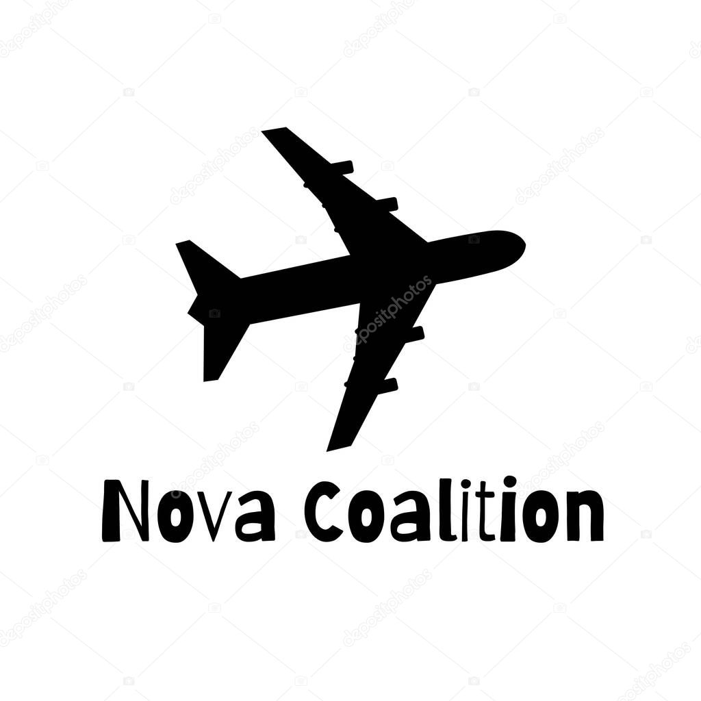 Nova coalition text in black with jet plane silhouette on white background. Transport, shipping, travel, business, partnership, logo and brand identity design, digitally generated image.
