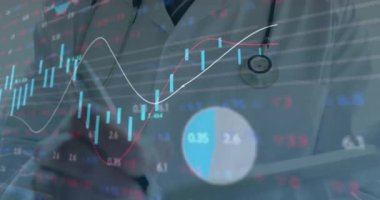 Kafkas erkek doktor yazıları üzerinden finansal veri işleme animasyonu. Küresel tıp, işletme, bağlantılar, hesaplama ve veri işleme kavramı dijital olarak oluşturulmuş video.