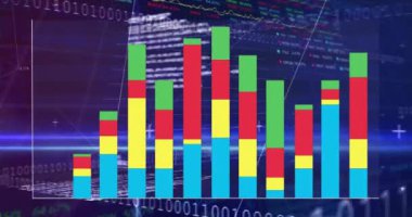 Ağ ve veri işleme üzerinden renkli çubuk grafiğinin animasyonu. Veri, ağlar, dijital arayüz, iş ve iletişim, dijital olarak oluşturulmuş video.