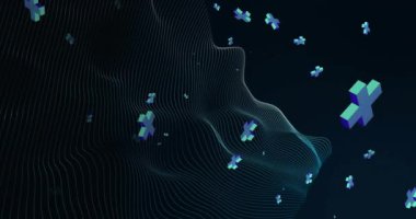 Siyah zemin üzerinde kıvrımlı ağ hatları yüzen 3D yeşil haçların animasyonu. İletişim, bağlantı, işleme, soyut, veri ve ağlar, dijital olarak oluşturulmuş video.