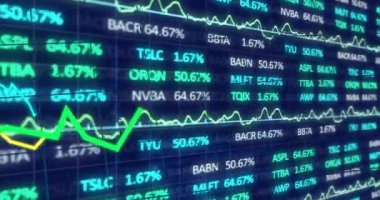 Siyah arka planda grafik ve finansal veri işleme animasyonları. Veri, ağlar, dijital arayüz, iş ve iletişim, dijital olarak oluşturulmuş video.