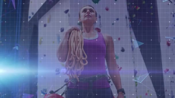 Animation Data Processing Caucasian Woman Climbing Wall Global Sports Science — Stock Video
