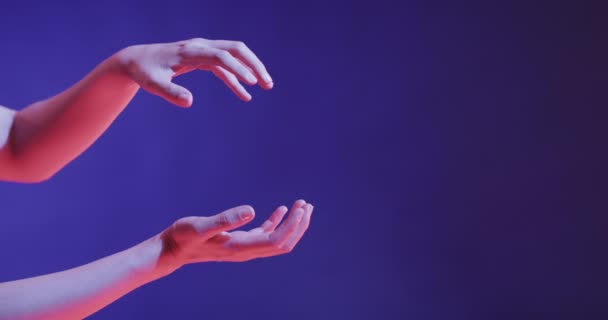 Beyaz Bir Insanın Elleri Mavi Arkaplana Karşı Zarif Bir Hareketle — Stok video