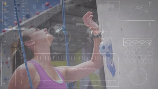 Animering Databehandling Över Kaukasisk Kvinna Klättervägg Globala Sport Vetenskaps Databehandlings — Stockvideo