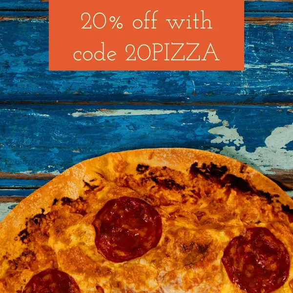 Composite of 20 percent off with code 20pizza text over plate with pizza. Isolated image, sale, shopping, code, information, food and drink and writing concept.