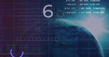 6G metin, dünya ve finansal veri işleme animasyonu. Küresel bağlantılar, dijital arayüz, hesaplama ve veri işleme kavramı dijital olarak oluşturulmuş video.