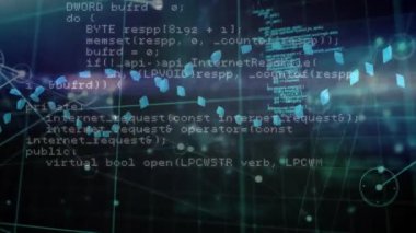 Karanlık arka planda DNA ipliği ve veri işleme animasyonu. Küresel bilim, bağlantılar, hesaplama ve veri işleme kavramı dijital olarak oluşturulmuş video.