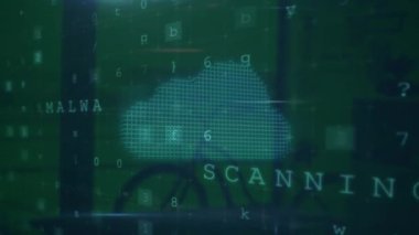 Ofis üzerinde siber güvenlik uyarı mesajı ve asma kilit animasyonu. Küresel siber güvenlik, finans, iş, bağlantılar, hesaplama ve veri işleme kavramı dijital olarak oluşturulmuş video.