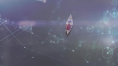 Bağlantıların ve ışık noktalarının animasyonu gölde tekneye binen bir adamın hava görüntüsüyle karşılaştırılır. Küresel ağ ve iş teknolojisi kavramı