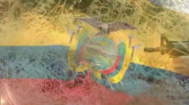 Beyaz erkek askerin elinde silah olan ve çimenlerde saklanan ekvator bayrağının animasyonu. Askerlik ve vatanseverlik kavramı dijital olarak oluşturulmuş video.