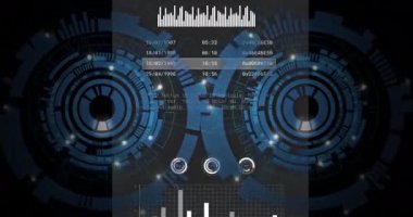 Karanlık arka planda dişli ve veri işleme animasyonları. Küresel bilim, araştırma, bağlantılar, hesaplama ve veri işleme kavramı dijital olarak oluşturulmuş video.