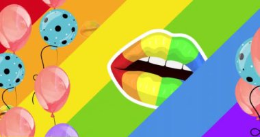 Gökkuşağı dudak animasyonu ve gökkuşağı arka planında renkli balonlar. Lgbtq, gurur, cinsellik, cinsiyet ve renk kavramı dijital olarak oluşturulmuş video.