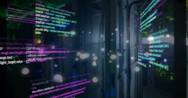 Siyah arkaplanda veri işleme ve ışık noktalarının animasyonu. Teknoloji, bilgisayar, bağlantılar ve dijital arayüz konsepti dijital olarak oluşturulmuş video.