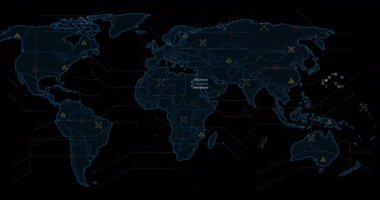 Kara zemin üzerinde dünya haritasıyla veri işleme animasyonu. Küresel iş, finans ve dijital arayüz kavramı dijital olarak oluşturulmuş video.