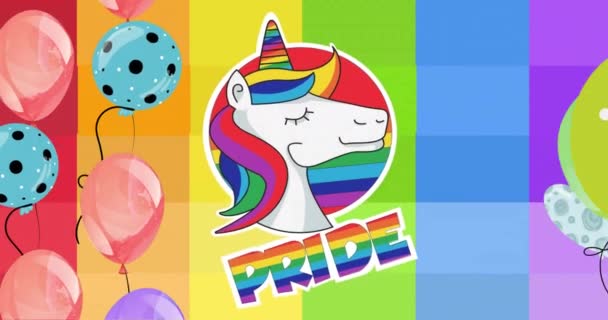 用独角兽和气球在彩虹背景上进行引以为傲的文字动画 庆祝和模式概念 数码视频 — 图库视频影像