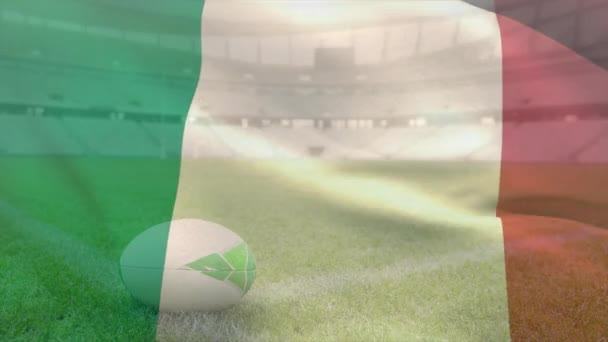 Animace Vlající Vlajky Itálie Nad Stadionem Rugby Míčem Koncept Sportu — Stock video