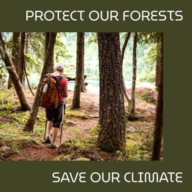 Ormanlarımızı korumak ve iklim metinlerimizi ve ormanda yürüyüş yapan beyaz kadını korumak için. Doğa, farkındalık, manzara, arka plan, ağaç, tatil ve çevre koruma kavramı.