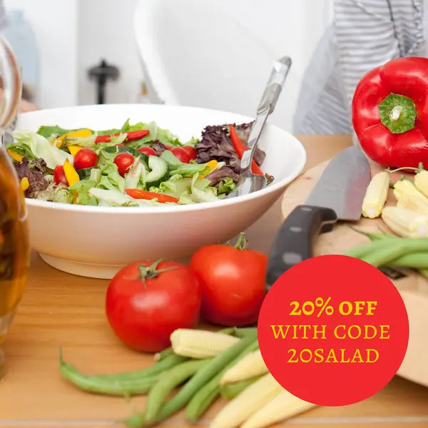 Composite of 20 percent off with code 20salad text over table with vegetable salad. Isolated image, sale, shopping, code, information, food and drink and writing concept.