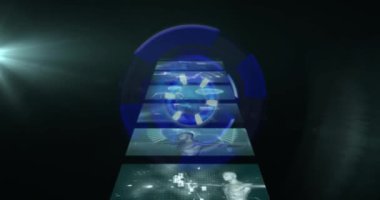 Bilimsel veri işleme, DNA ipliği ve insan beyninin karanlık arka plandaki ekranlarda canlandırılması. Küresel bilim, bağlantılar, hesaplama ve veri işleme kavramı dijital olarak oluşturulmuş video.