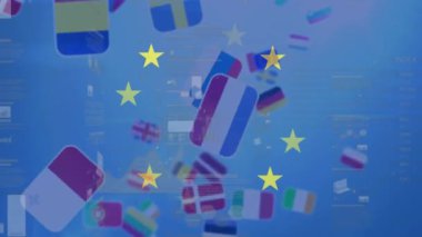 eu bayrağı üzerinde dönen yıldızların animasyonu ve ülke bayrakları üzerinde işlenen veri işlemeleri. Avrupa Birliği ve İş Konsepti