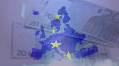 Avro banknotlarının kapatılmasına karşı eu haritasında bayrak sallamanın animasyonu. Avrupa Birliği ve Finans Ekonomisi Konsepti