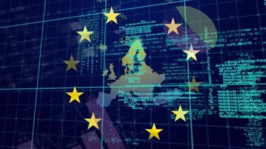 Mavi arkaplandaki istatistiksel veri işlemesine karşı eu haritasında dönen yıldızların animasyonu. Avrupa Birliği ve İş Konsepti