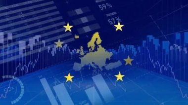 Mavi arkaplandaki istatistiksel veri işlemesine karşı eu haritası üzerinde dönen yıldızların animasyonu. Avrupa Birliği ve İş Konsepti