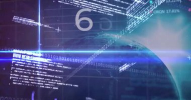 6G metin, dünya, ikili kodlama ve finansal veri işleme animasyonu. Küresel bağlantılar, dijital arayüz, hesaplama ve veri işleme kavramı dijital olarak oluşturulmuş video.