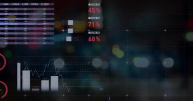 Bulanık caddede sürüş arabalarıyla istatistik çizelgeleri ve veri işleme animasyonları. Küresel finansman, bilgisayar, teknoloji, istatistik ve veri işleme kavramı dijital olarak oluşturuldu.