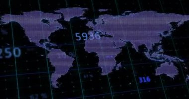 Veri işleme ve kara arkaplanda dünya haritası üzerindeki parazitin animasyonu. Küresel iş, finans ve dijital arayüz kavramı dijital olarak oluşturulmuş video.