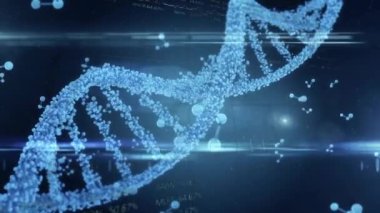 Karanlık arka planda DNA zinciri üzerinde veri işleme animasyonu. Küresel finans, bilgisayar, bilim, insan hücresi ve veri işleme kavramı dijital olarak oluşturulmuş video.