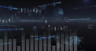 Siyah zemin üzerinde şema ve veri işleme animasyonları. Küresel iş ve şablon kavramı, dijital olarak üretilen video.