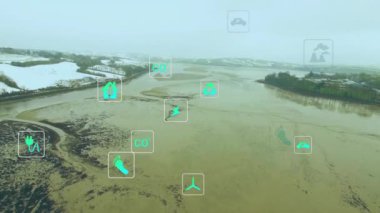 Nehir manzarası üzerindeki ekoloji ikonlarının animasyonu. Küresel ekoloji, doğa, çevre ve dijital arayüz kavramı dijital olarak oluşturulmuş video.