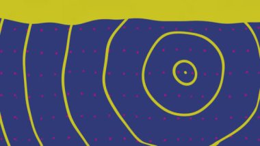 Pembe noktalar üzerinde sarı daireler ve mavi arka planda veri işleme animasyonu. Veri işleme, hesaplama, teknoloji, şekil ve renk konsepti dijital olarak oluşturulmuş video.