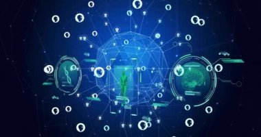 Bağlantı ağları, bilimsel veri işleme ve ai simgeleriyle dünyanın animasyonu. Dijital olarak oluşturulmuş küresel yapay zeka, bağlantılar, hesaplama ve veri işleme kavramı.