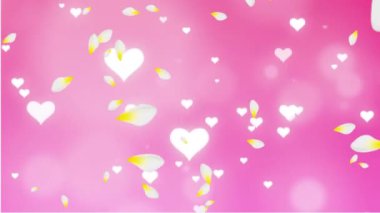 Pembe arka plandaki ışık noktalarına düşen parlayan kalp simgeleri ve taç yapraklarının animasyonu. Aşk ve Sevgililer Günü konsepti