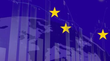 eu bayrağı üzerinde dönen yıldızların animasyonu ve mavi arkaplanda dünya üzerinde istatistiksel veri işleme. Avrupa Birliği ve İş Konsepti