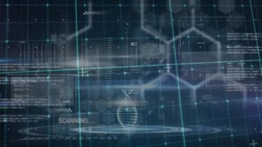 Karanlık arka planda DNA ipliği ve veri işleme animasyonu. Küresel bilim, bağlantılar, hesaplama ve veri işleme kavramı dijital olarak oluşturulmuş video.