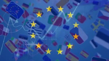 eu bayrağı üzerinde dönen yıldızların animasyonu ve ülke bayrakları üzerinde işlenen veri işlemeleri. Avrupa Birliği ve İş Konsepti