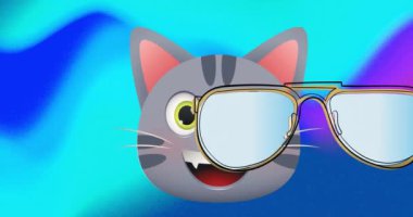 Mavi arka planda gözlüklü mutlu kedi animasyonu. Soyut arkaplan ve şablon kavramı, dijital olarak oluşturulmuş video.